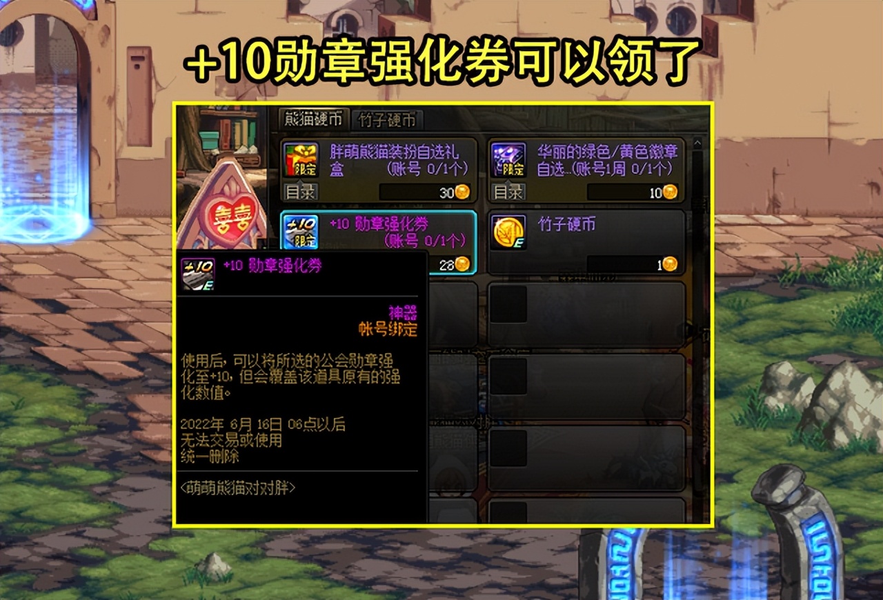 105武器自选礼盒+10勋章强化券_dnf勋章强化11的有吗_周年庆熊猫装扮礼包